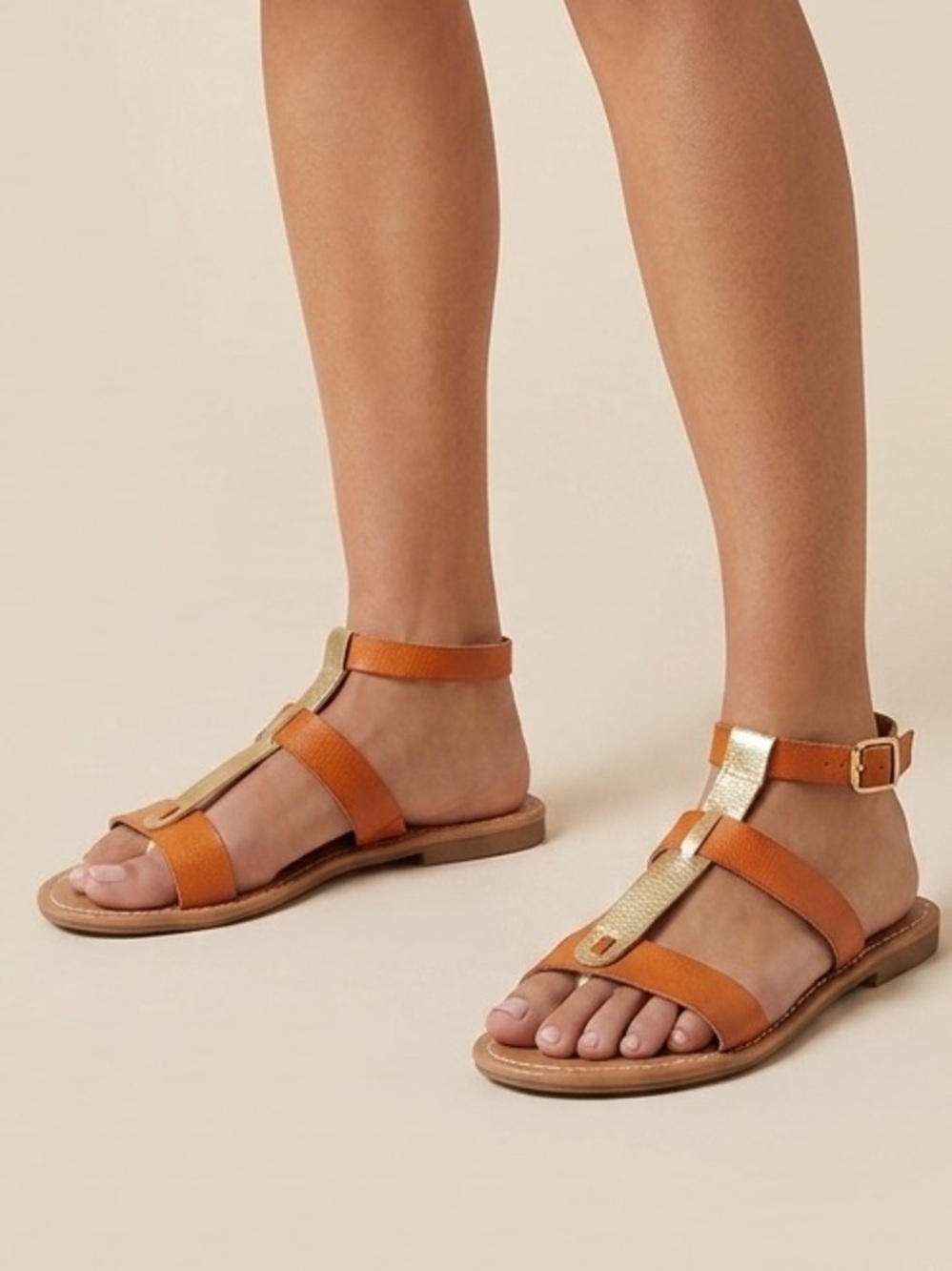 Report Tan and Gold Strappy Sandals